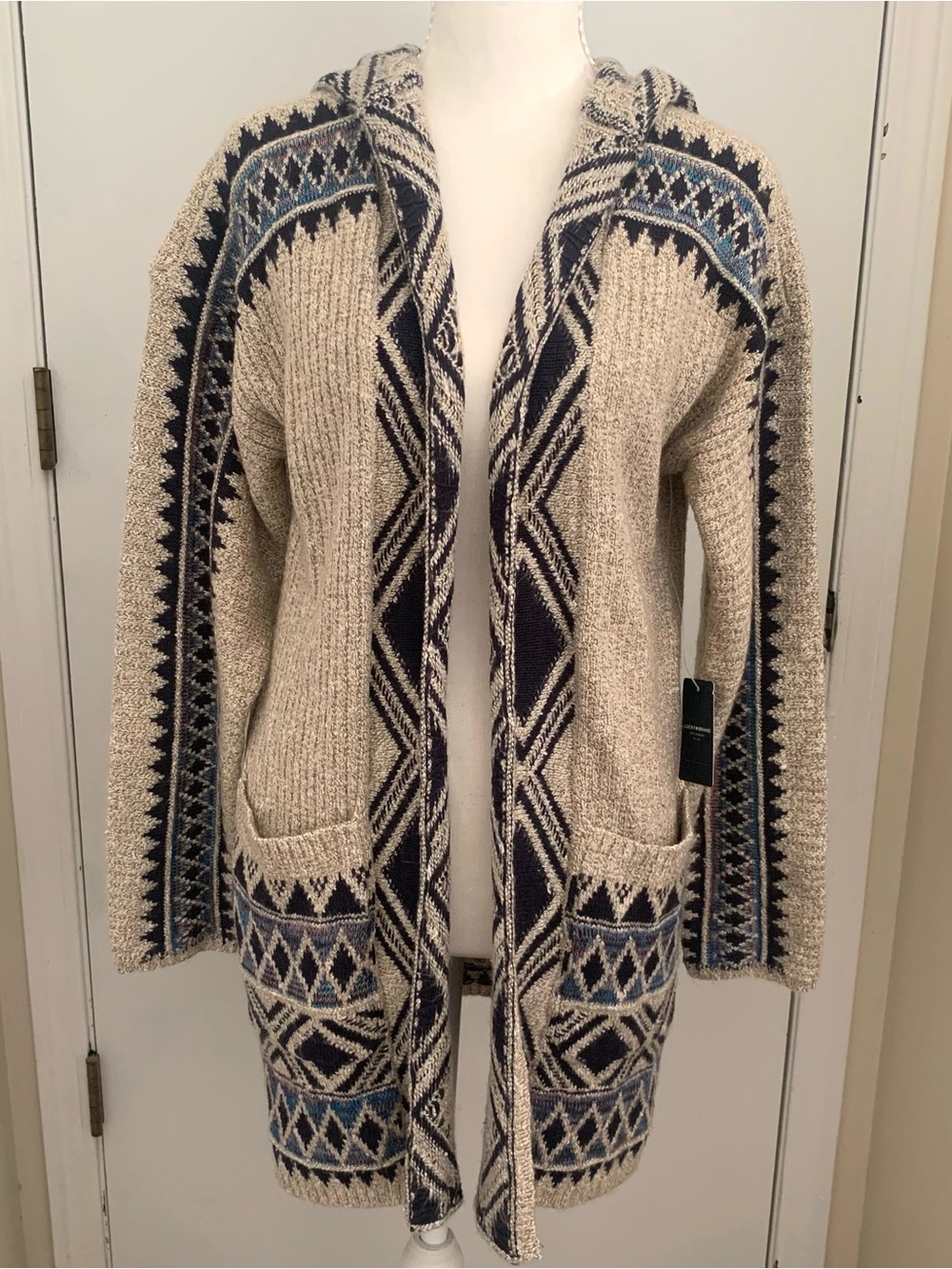 Lucky Brand Aztec Hood Cardigan Sweater Southwestern Tribal Boho Beige Blue NEW!